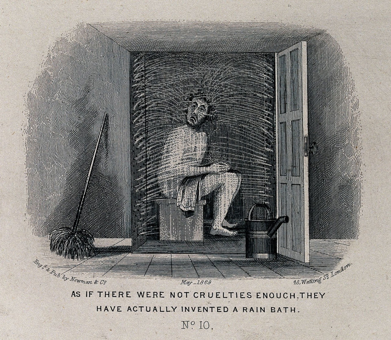 A Man Seated In A Cubicle Is Being Sprayed With Water Wellcome